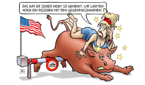 Cartoon: EU wartet noch etwas (medium) by Harm Bengen tagged europa,stier,gegenmaßnahmen,zollschranke,sturz,30,prozent,eu,trump,zölle,harm,bengen,cartoon,karikatur,europa,stier,gegenmaßnahmen,zollschranke,sturz,30,prozent,eu,trump,zölle,harm,bengen,cartoon,karikatur