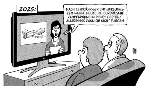 Cartoon: Europäische Drohne (medium) by Harm Bengen tagged tv,nachrichten,zukunft,entwicklungszeit,europäische,kampfdrohne,europa,drohne,dienst,fliegen,militär,deutschland,frankreich,italien,2025,defekt,kaputt,harm,bengen,cartoon,karikatur