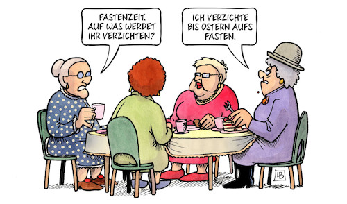 Cartoon: Fastenzeit 2026 (medium) by Harm Bengen tagged fastenzeit,verzichten,ostern,fasten,kaffeeklatsch,susemil,harm,bengen,cartoon,karikatur,fastenzeit,verzichten,ostern,fasten,kaffeeklatsch,susemil,harm,bengen,cartoon,karikatur