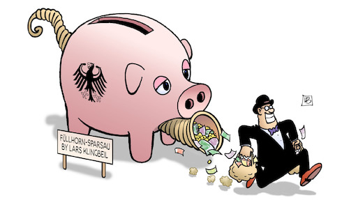 Cartoon: Füllhorn-Sparsau (medium) by Harm Bengen tagged füllhorn,sparsau,sparschwein,lars,klingbeil,geld,unternehmer,kapitalist,selbstbedienung,subventionen,kürzungen,steuergeschenke,harm,bengen,cartoon,karikatur,füllhorn,sparsau,sparschwein,lars,klingbeil,geld,unternehmer,kapitalist,selbstbedienung,subventionen,kürzungen,steuergeschenke,harm,bengen,cartoon,karikatur
