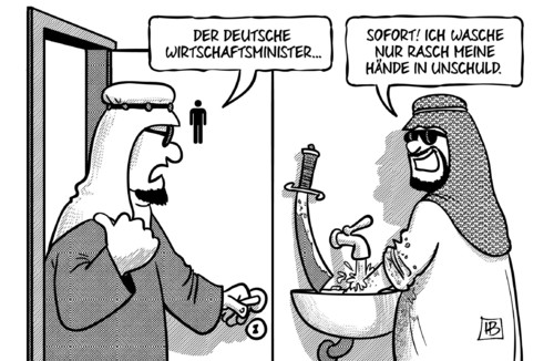 Cartoon: Gabriel in Arabien (medium) by Harm Bengen tagged deutscher,wirtschaftsminister,gabriel,waschen,haende,unschuld,blut,saebel,saudi,arabien,abu,dhabi,katar,menschenrechte,waffenexporte,harm,bengen,cartoon,karikatur