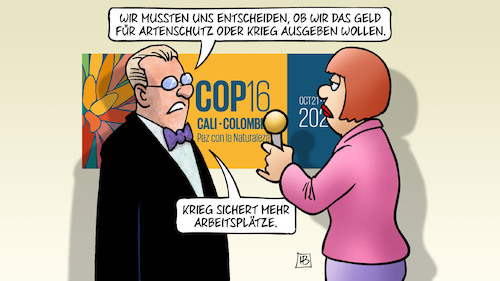 Cartoon: Geld für Artenschutz (medium) by Harm Bengen tagged geld,artenschutz,krieg,arbeitsplätze,cop16,kolumbien,scheitern,interview,harm,bengen,cartoon,karikatur,geld,artenschutz,krieg,arbeitsplätze,cop16,kolumbien,scheitern,interview,harm,bengen,cartoon,karikatur