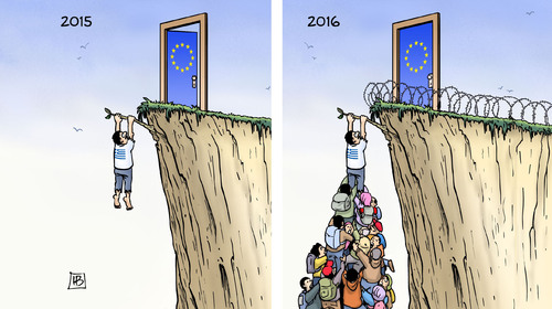 Cartoon: Griechenland-Stau (medium) by Harm Bengen tagged 2015,2016,griechenland,grenze,europa,eu,abgrund,stacheldraht,tuer,stau,asylrecht,flucht,flüchtlinge,abschreckung,verschärfung,harm,bengen,cartoon,karikatur,2015,2016,griechenland,grenze,europa,eu,abgrund,stacheldraht,tuer,stau,asylrecht,flucht,flüchtlinge,abschreckung,verschärfung,harm,bengen,cartoon,karikatur