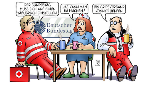 Cartoon: Gripsverband (medium) by Harm Bengen tagged bundestag,tabubruch,gripsverband,sanitäter,notarzt,krankenschwester,merz,migrationspolitik,brandmauer,afd,harm,bengen,cartoon,karikatur,bundestag,tabubruch,gripsverband,sanitäter,notarzt,krankenschwester,merz,migrationspolitik,brandmauer,afd,harm,bengen,cartoon,karikatur