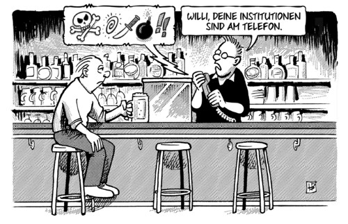 Cartoon: Institutionen (medium) by Harm Bengen tagged institutionen,telefon,wirt,kneipe,hilfe,griechen,eurozone,ablehnen,ezb,iwf,troika,eu,euro,europa,griechenland,harm,bengen,cartoon,karikatur