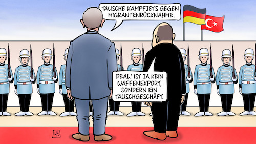 Cartoon: Kampfjets und Migranten (medium) by Harm Bengen tagged tausche,kampfjets,migrantenrücknahme,migration,deal,waffenexport,rüstungsexport,tauschgeschäft,scholz,erdogan,staatsbesuch,deutschland,tuerkei,harm,bengen,cartoon,karikatur,tausche,kampfjets,migrantenrücknahme,migration,deal,waffenexport,rüstungsexport,tauschgeschäft,scholz,erdogan,staatsbesuch,deutschland,tuerkei,harm,bengen,cartoon,karikatur