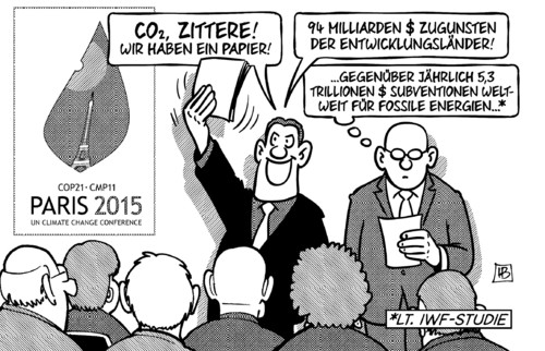 Cartoon: Klima-Papier (medium) by Harm Bengen tagged co2,papier,94,milliarden,entwicklungslaender,subentionen,fossile,energien,iwf,studie,pressekonferenz,gipfel,klimagipfel,paris,cop,harm,bengen,cartoon,karikatur