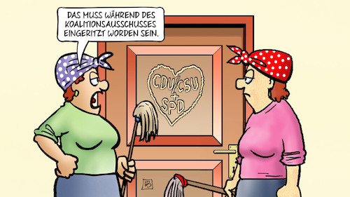 Cartoon: Koalitions-Liebe (medium) by Harm Bengen tagged koalition,liebe,herz,koalitionsausschusses,eingeritzt,tuer,spd,cdu,csu,putzfrauen,harm,bengen,cartoon,karikatur,koalition,liebe,herz,koalitionsausschusses,eingeritzt,tuer,spd,cdu,csu,putzfrauen,harm,bengen,cartoon,karikatur