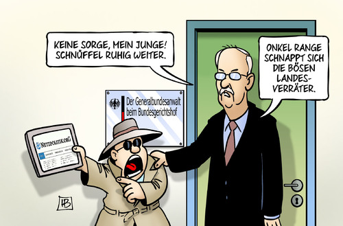 Cartoon: Landesverrat (medium) by Harm Bengen tagged landesverrat,onkel,range,generalbundesanwalt,netzpolitik,landesverraeter,blogger,pressefreiheit,geheimdienst,anzeige,justiz,harm,bengen,cartoon,karikatur,landesverrat,onkel,range,generalbundesanwalt,netzpolitik,landesverraeter,blogger,pressefreiheit,geheimdienst,anzeige,justiz,harm,bengen,cartoon,karikatur