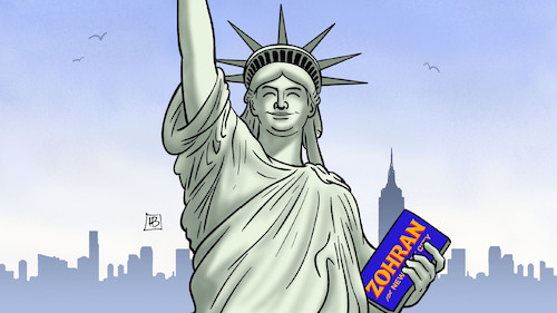Cartoon: Mamdani siegt (medium) by Harm Bengen tagged zohran,mamdani,bürgermeister,newyork,freiheitsstatue,liberty,wahlsieg,lacht,harm,bengen,cartoon,karikatur,zohran,mamdani,bürgermeister,newyork,freiheitsstatue,liberty,wahlsieg,lacht,harm,bengen,cartoon,karikatur