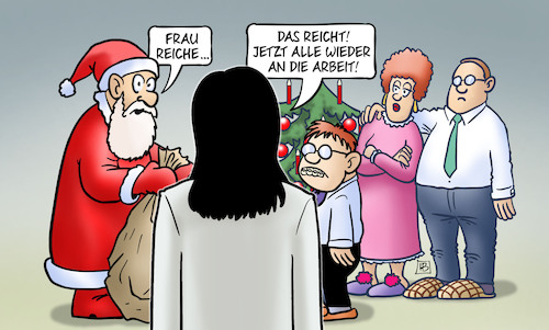 Cartoon: Mehr arbeiten (medium) by Harm Bengen tagged wirtschaftsministerin,reiche,arbeit,weihnachten,weihnachtsmann,bescherung,familie,kind,harm,bengen,cartoon,karikatur,wirtschaftsministerin,reiche,arbeit,weihnachten,weihnachtsmann,bescherung,familie,kind,harm,bengen,cartoon,karikatur