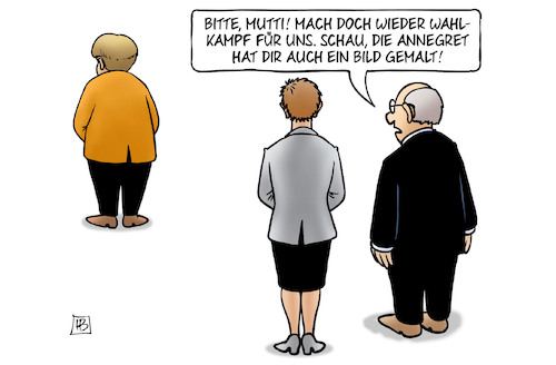 Cartoon: Merkel und Wahlkampf (medium) by Harm Bengen tagged mutti,merkel,cdu,wahlkampf,annegret,kramp,karrenbauer,harm,bengen,cartoon,karikatur,mutti,merkel,cdu,wahlkampf,annegret,kramp,karrenbauer,harm,bengen,cartoon,karikatur