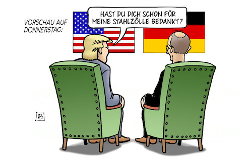 Cartoon: Merz bei Trump (medium) by Harm Bengen tagged vorschau,donnerstag,stahlzölle,bedankt,bedanken,deutschland,staatsbesuch,usa,handy,merz,trump,zollpolitik,harm,bengen,cartoon,karikatur,vorschau,donnerstag,stahlzölle,bedankt,bedanken,deutschland,staatsbesuch,usa,handy,merz,trump,zollpolitik,harm,bengen,cartoon,karikatur