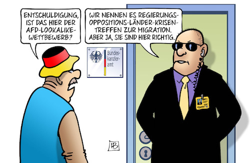 Cartoon: Migrationsgipfel 2024 (medium) by Harm Bengen tagged regierungs,oppositions,krisentreffen,afd,lookalike,wettbewerb,bund,laender,gipfel,migration,zuwanderung,security,bundeskanzleramt,verschaerfung,asylpolitik,fluechtlinge,harm,bengen,cartoon,karikatur,regierungs,oppositions,krisentreffen,afd,lookalike,wettbewerb,bund,laender,gipfel,migration,zuwanderung,security,bundeskanzleramt,verschaerfung,asylpolitik,fluechtlinge,harm,bengen,cartoon,karikatur