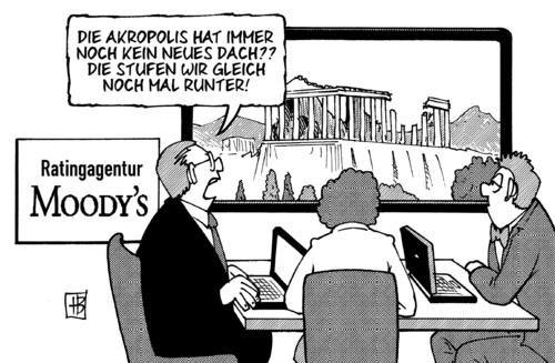 Cartoon: Moodys (medium) by Harm Bengen tagged griechenland,herabstufung,herabstufen,raten,akropolis,spekulation,ratingagentur,moodys,euro,krise,hilfspaket