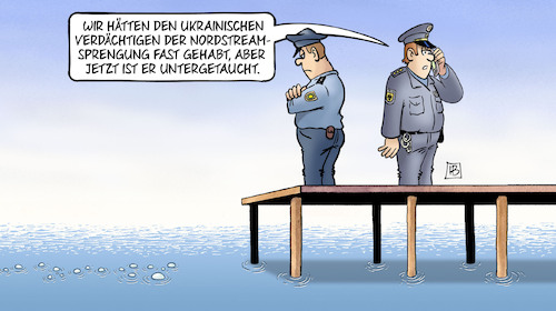 Cartoon: Nordstream-Haftbefehl (medium) by Harm Bengen tagged ukrainischer,verdächtiger,nordstream,sprengung,sabotage,terrorismus,gaspipeline,ukraine,russland,krieg,untergetaucht,polizei,haftbefehl,steg,blasen,harm,bengen,cartoon,karikatur,ukrainischer,verdächtiger,nordstream,sprengung,sabotage,terrorismus,gaspipeline,ukraine,russland,krieg,untergetaucht,polizei,haftbefehl,steg,blasen,harm,bengen,cartoon,karikatur