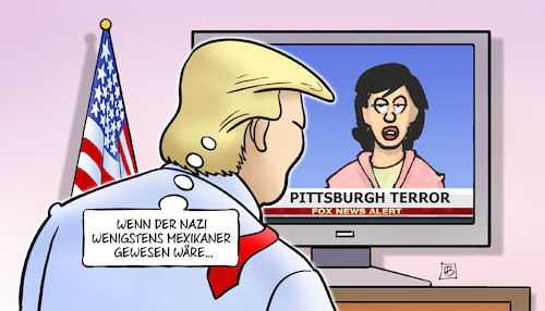 Cartoon: Pittsburgh-Terror (medium) by Harm Bengen tagged pittsburgh,terror,mord,usa,trump,nazi,mexikaner,rassismus,antisemitismus,juden,synagoge,waffenrecht,todesstrafe,harm,bengen,cartoon,karikatur,pittsburgh,terror,mord,usa,trump,nazi,mexikaner,rassismus,antisemitismus,juden,synagoge,waffenrecht,todesstrafe,harm,bengen,cartoon,karikatur