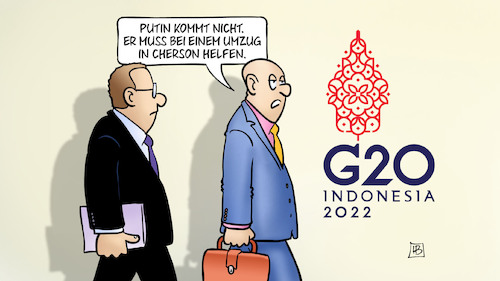 Cartoon: Putin und G20 (medium) by Harm Bengen tagged putin,g20,indonesien,umzug,rückzug,cherson,krieg,ukraine,russland,harm,bengen,cartoon,karikatur,putin,g20,indonesien,umzug,rückzug,cherson,krieg,ukraine,russland,harm,bengen,cartoon,karikatur