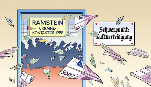 Cartoon: Ramstein-Luftverteidigung (medium) by Harm Bengen tagged schwerpunkt,luftverteidigung,ramstein,nato,papierflieger,geld,krieg,ukraine,russland,harm,bengen,cartoon,karikatur,schwerpunkt,luftverteidigung,ramstein,nato,papierflieger,geld,krieg,ukraine,russland,harm,bengen,cartoon,karikatur