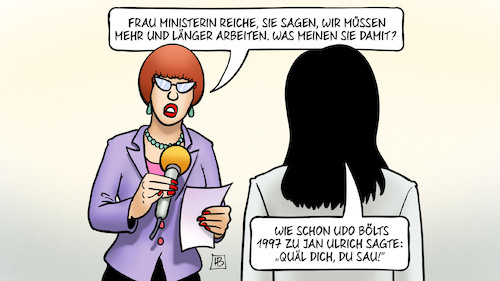 Cartoon: Reiche für mehr Arbeit (medium) by Harm Bengen tagged wirtschaftsministerin,reiche,länger,arbeiten,interview,udo,bölts,1997,jan,ulrich,quäl,dich,du,sau,tour,de,france,radsport,harm,bengen,cartoon,karikatur,wirtschaftsministerin,reiche,länger,arbeiten,interview,udo,bölts,1997,jan,ulrich,quäl,dich,du,sau,tour,de,france,radsport,harm,bengen,cartoon,karikatur