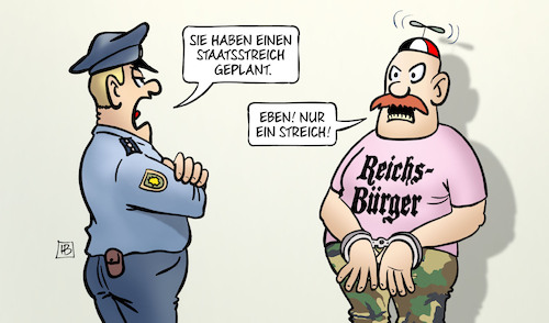 Cartoon: Reichsbürger-Razzia (medium) by Harm Bengen tagged reichsbürger,razzia,polizei,polizist,staatsstreich,streich,handschellen,terrornetzwerk,harm,bengen,cartoon,karikatur,reichsbürger,razzia,polizei,polizist,staatsstreich,streich,handschellen,terrornetzwerk,harm,bengen,cartoon,karikatur