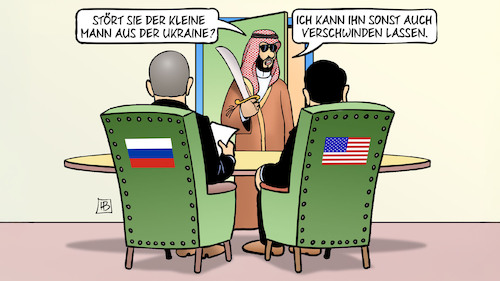 Cartoon: Riad USA-Russland (medium) by Harm Bengen tagged riad,saudi,arabien,usa,russland,ukraine,friedensgespräche,harm,bengen,cartoon,karikatur,riad,saudi,arabien,usa,russland,ukraine,friedensgespräche,harm,bengen,cartoon,karikatur