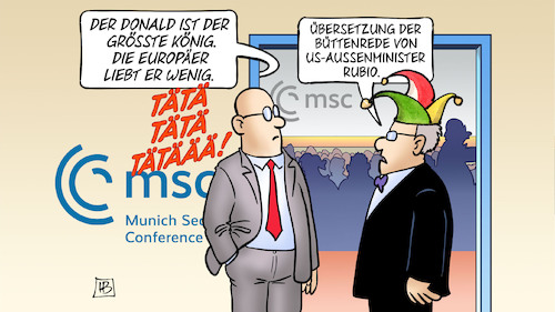Cartoon: Rubio-Rede (medium) by Harm Bengen tagged donald,trump,könig,europäer,liebe,karneval,fasching,übersetzung,büttenrede,usa,außenminister,rubio,msc,münchner,sicherheitskonferenz,harm,bengen,cartoon,karikatur,donald,trump,könig,europäer,liebe,karneval,fasching,übersetzung,büttenrede,usa,außenminister,rubio,msc,münchner,sicherheitskonferenz,harm,bengen,cartoon,karikatur