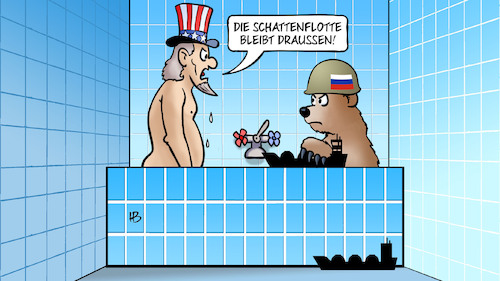 Cartoon: Russlands Schattenflotte (medium) by Harm Bengen tagged russland,usa,schattenflotte,ukraine,krieg,sanktionen,bär,uncle,sam,badewanne,loriot,harm,bengen,cartoon,karikatur,russland,usa,schattenflotte,ukraine,krieg,sanktionen,bär,uncle,sam,badewanne,loriot,harm,bengen,cartoon,karikatur