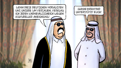 Cartoon: Scheichs und WM (medium) by Harm Bengen tagged deutsche,moralisten,karnevalsscheich,kultureller,aneignung,gianni,infantino,wm,weltmeisterschaft,fussball,katar,boykott,harm,bengen,cartoon,karikatur,deutsche,moralisten,karnevalsscheich,kultureller,aneignung,gianni,infantino,wm,weltmeisterschaft,fussball,katar,boykott,harm,bengen,cartoon,karikatur