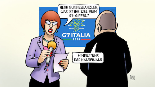 Cartoon: Scholz-Ziel bei G7 (medium) by Harm Bengen tagged scholz,bundeskanzler,interview,ziel,g7,gipfel,fussball,em,halbfinale,harm,bengen,cartoon,karikatur,scholz,bundeskanzler,interview,ziel,g7,gipfel,fussball,em,halbfinale,harm,bengen,cartoon,karikatur