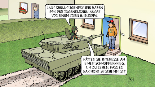 Cartoon: Shell-Jugendstudie (medium) by Harm Bengen tagged shell,jugendstudie,jugendliche,angst,krieg,schnupperkrieg,militär,panzer,harm,bengen,cartoon,karikatur,shell,jugendstudie,jugendliche,angst,krieg,schnupperkrieg,militär,panzer,harm,bengen,cartoon,karikatur