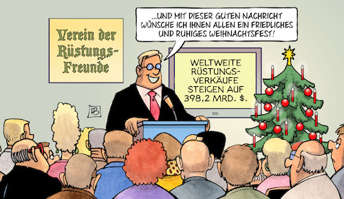 Cartoon: Sipri-Bericht 2018 (medium) by Harm Bengen tagged sipri,weltweite,rüstung,steigerung,weihnachten,krieg,waffenproduktion,harm,bengen,cartoon,karikatur,sipri,weltweite,rüstung,steigerung,weihnachten,krieg,waffenproduktion,harm,bengen,cartoon,karikatur