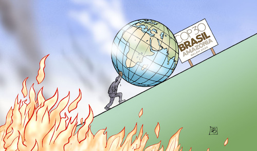 Cartoon: Sisyphos und COP30 (medium) by Harm Bengen tagged sisyphos,feuer,erde,weltkugel,globus,cop30,klimakonferenz,belem,brasilien,harm,bengen,cartoon,karikatur,sisyphos,feuer,erde,weltkugel,globus,cop30,klimakonferenz,belem,brasilien,harm,bengen,cartoon,karikatur