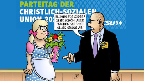 Cartoon: Söder und Grün (medium) by Harm Bengen tagged blumenstrauss,söder,grüne,bayern,csu,parteitag,mädchen,dirndl,security,harm,bengen,cartoon,karikatur,blumenstrauss,söder,grüne,bayern,csu,parteitag,mädchen,dirndl,security,harm,bengen,cartoon,karikatur