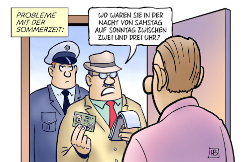 Cartoon: Sommerzeit 2026 (medium) by Harm Bengen tagged sommerzeit,uhrzeitumstellung,zeitumstellung,stunde,uhr,polizei,alibi,harm,bengen,cartoon,karikatur,sommerzeit,uhrzeitumstellung,zeitumstellung,stunde,uhr,polizei,alibi,harm,bengen,cartoon,karikatur