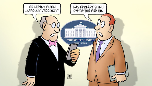Cartoon: Trump-Putin-Sympathie (medium) by Harm Bengen tagged trump,putin,absolut,verrückt,sympathie,weißes,haus,usa,handy,harm,bengen,cartoon,karikatur,trump,putin,absolut,verrückt,sympathie,weißes,haus,usa,handy,harm,bengen,cartoon,karikatur