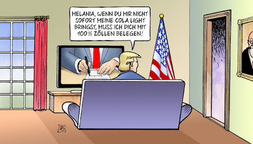 Cartoon: Trump-Zölle (medium) by Harm Bengen tagged melania,trump,tv,cola,light,zölle,zoll,harm,bengen,cartoon,karikatur,melania,trump,tv,cola,light,zölle,zoll,harm,bengen,cartoon,karikatur