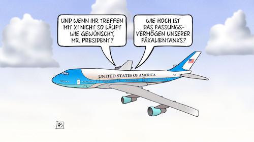 Trumps Asienreise (medium) Cartoon: Trumps Asienreise (medium) by Harm Bengen tagged treffen,xi,zsa,china,trump,airforce,one,flugzeug,fassungsvermögen,fäkalientanks,harm,bengen,cartoon,karikatur,treffen,xi,zsa,china,trump,airforce,one,flugzeug,fassungsvermögen,fäkalientanks,harm,bengen,cartoon,karikatur