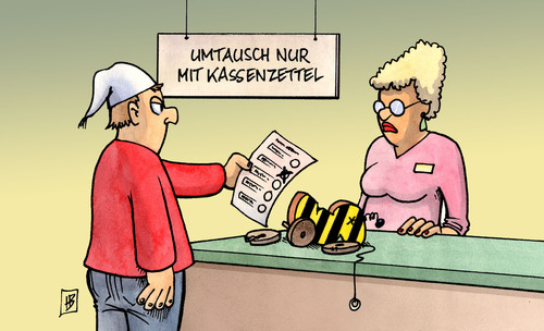 Cartoon: Umtausch (medium) by Harm Bengen tagged umtausch,neuwahlen,deutschland,trend,ard,umfrage,prognose,regierung,zustimmung,vertrauen,verlust,absturz,bürger,michel,tigerente,koalition,cdu,csu,fdp,ende,kaputt,reklamation,kassenzettel,umtausch,neuwahlen,wahl,wahlen,deutschland,trend,ard,umfrage,prognose,regierung,vertrauen,zustimmung,verlust,absturz,bürger,tigerente