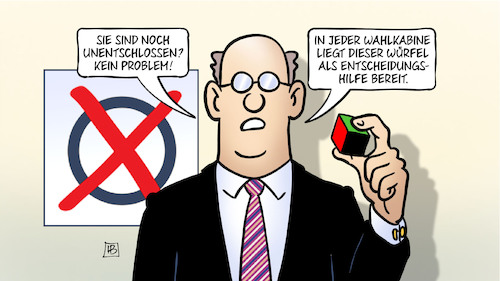 Cartoon: Unentschlossen (medium) by Harm Bengen tagged unentschlossen,wahlkabine,würfel,entscheidungshilfe,bundestagswahl,unentschieden,harm,bengen,cartoon,karikatur,unentschlossen,wahlkabine,würfel,entscheidungshilfe,bundestagswahl,unentschieden,harm,bengen,cartoon,karikatur