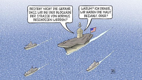 Cartoon: US-Blockade Hormus (medium) by Harm Bengen tagged usa,iran,krieg,blockade,straße,von,hormus,maut,flugzeugträger,schiffe,meer,harm,bengen,cartoon,karikatur,usa,iran,krieg,blockade,straße,von,hormus,maut,flugzeugträger,schiffe,meer,harm,bengen,cartoon,karikatur