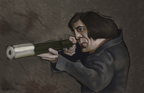 Cartoon: No Country For Old Men (medium) by jonesmac2006 tagged no,country,for,old,men,javier,bardem,caricature