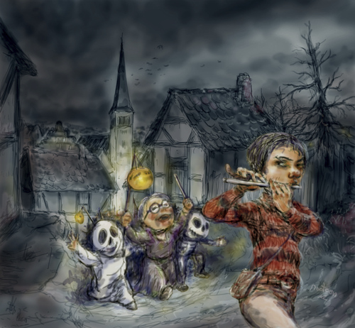Cartoon: der rattenfaenger von hameln (medium) by nootoon tagged helloween,halloween,hellovienna,nootoon,hameln,rattenfaenger,grimm,brother,illustration,germany