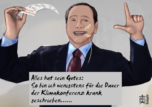 Cartoon: Alles hat sein Gutes (medium) by Dadaphil tagged berlusconi,silvio,krank,injured,sick,leave,hauskrank,verletzungen,injuries,klimakonferenz,conference,on,climate,change