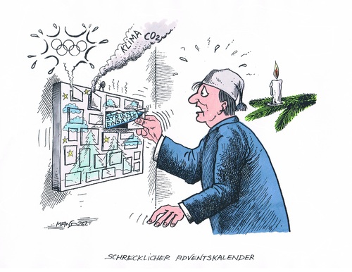 Cartoon: Advent 2015 (medium) by mandzel tagged syrieneinsätze,olympiaabsage,klimakathastrophe,co2,adventkalender,türchen,syrieneinsätze,olympiaabsage,klimakathastrophe,co2,adventkalender,türchen