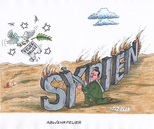 Cartoon: Assad wehrt die Feuerpause ab (medium) by mandzel tagged syrien,assad,feuerpause,vormarsch,krieg,flüchtlinge,syrien,assad,feuerpause,vormarsch,krieg,flüchtlinge