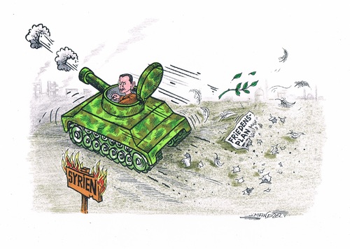 Cartoon: Assad zerfetzt den Friedensplan (medium) by mandzel tagged syrien,assad,krieg,friedenstaube,gebrochene,waffenruhe,assad,syrien,krieg,friedenstaube,waffenruhe