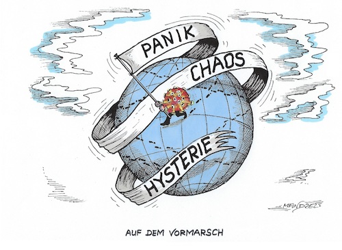 Cartoon: Coronavirus auf Weltreise (medium) by mandzel tagged corona,pandemie,panik,chaos,hysterie,corona,pandemie,panik,chaos,hysterie