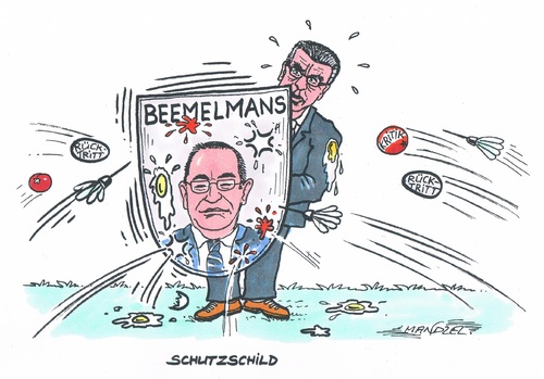 Cartoon: De Maiziere geht in Deckung (medium) by mandzel tagged verteidigungsminister,beemelmans,vorwürfe,rücktrittsforderungen,verteidigungsminister,beemelmans,vorwürfe,rücktrittsforderungen