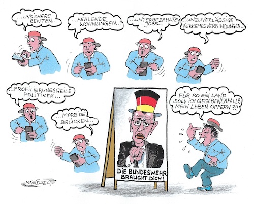 Cartoon: Deutschland sucht Freiwillige (medium) by mandzel tagged deutschland,verteidigung,kriegsfähigkeit,freiwilligkeit,bundeswehr,deutschland,verteidigung,kriegsfähigkeit,freiwilligkeit,bundeswehr